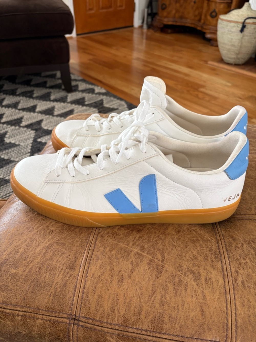 Veja White Leather Sneakers with Blue V and Gum Sole